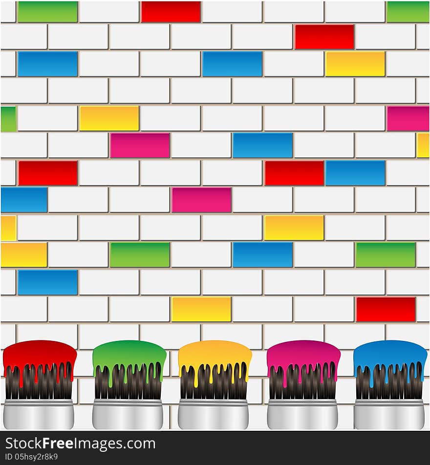 White and coloured bricks and brushes with a paint