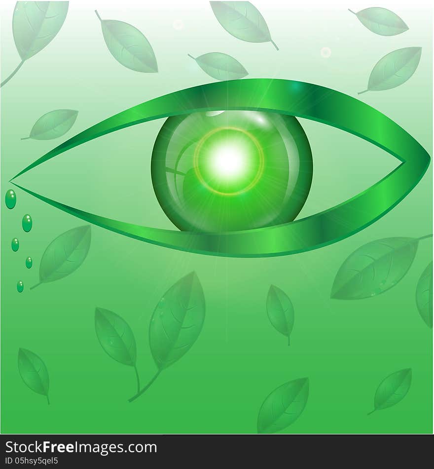 Eye of green color on a green background with leaves