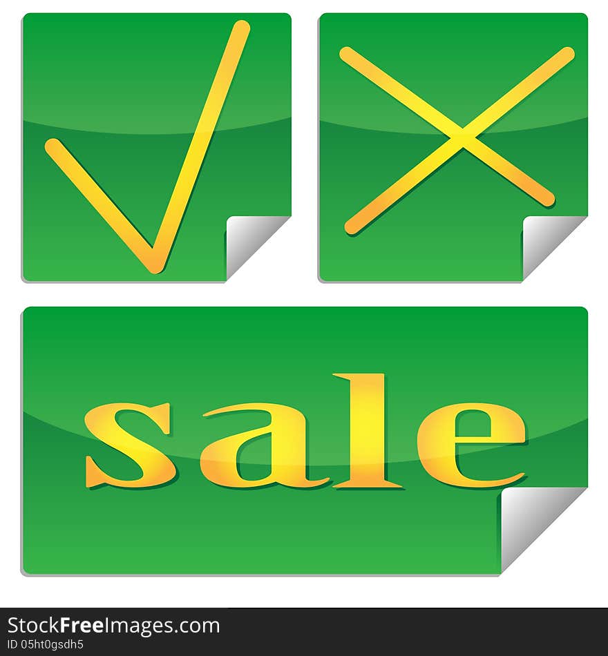 Green stickers with yellow letters and signs