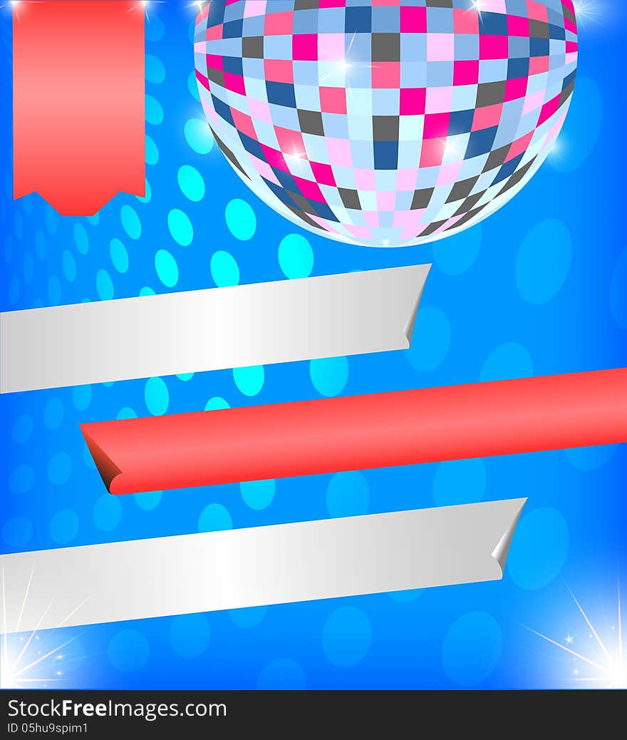 Vector background with elements of disco ball and banner. Vector background with elements of disco ball and banner