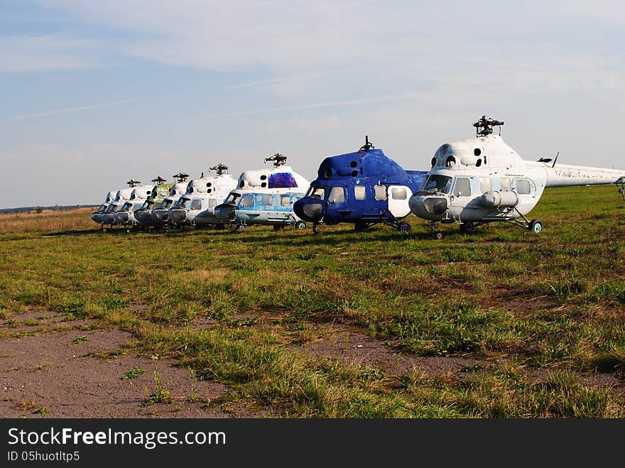 Old helicopters and peaceful sky