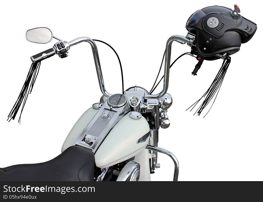 Motorcycle handlebar with helmet. So called ape hanger handlebars are popular on chopper motorcycles. Motorcycle handlebar with helmet. So called ape hanger handlebars are popular on chopper motorcycles.