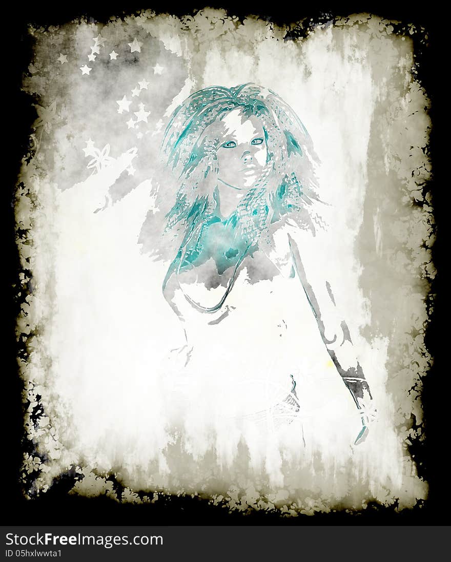 Digital fashion watercolor grunge portrain of a girl. Digital fashion watercolor grunge portrain of a girl.