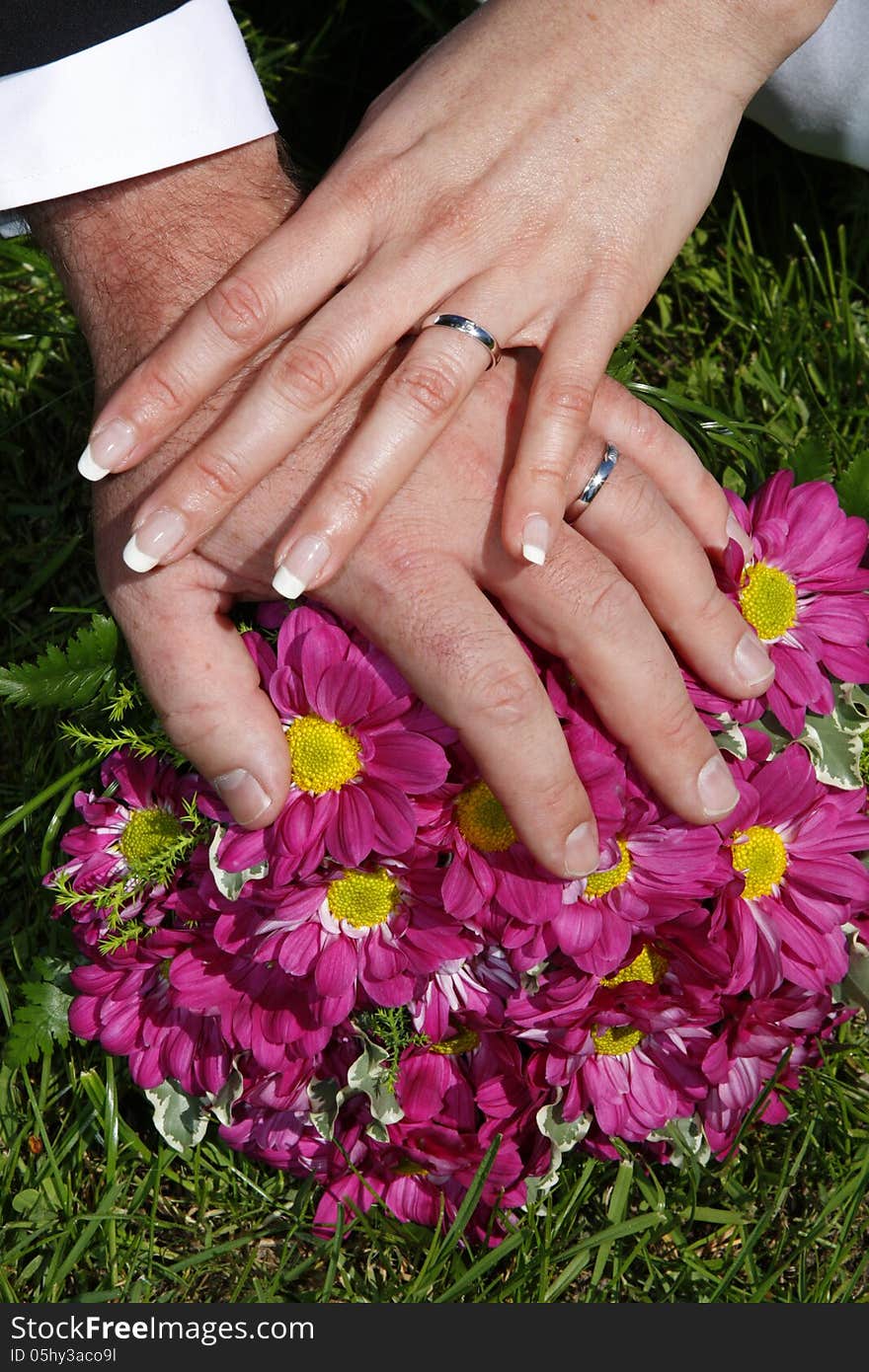 Wedding rings on the hands of the newlyweds