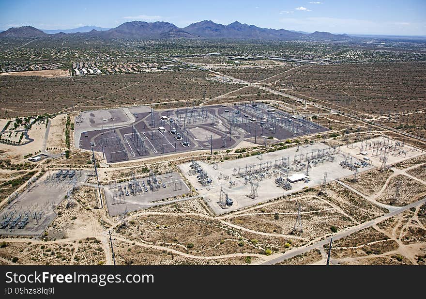 Electrical Power substation viewed from above in the Southwest desert