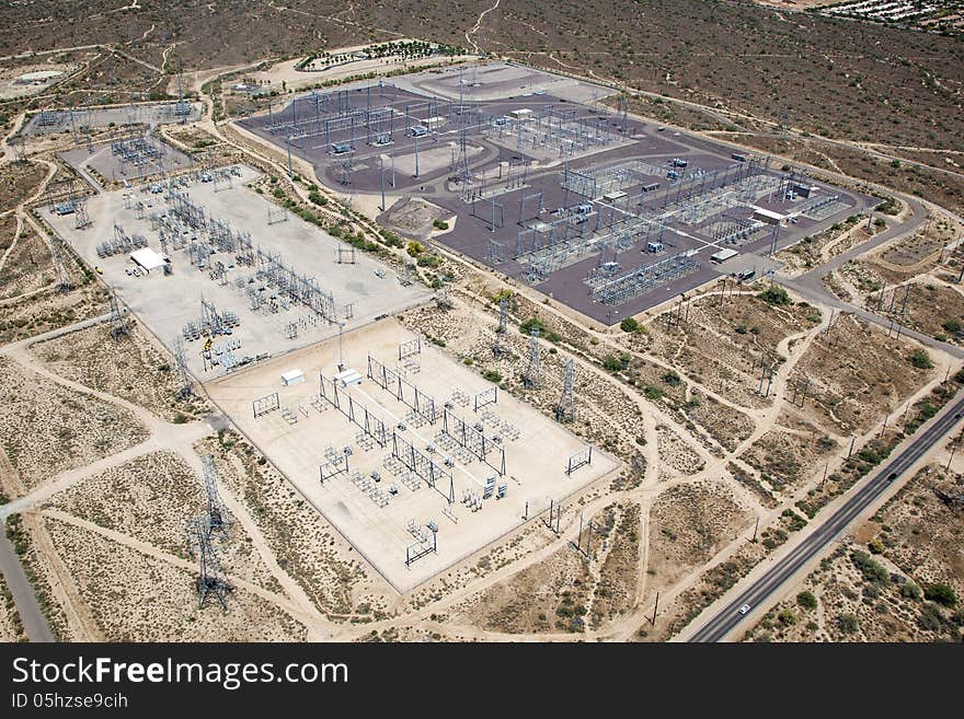 Electrical Power substation viewed from above in the Southwest desert