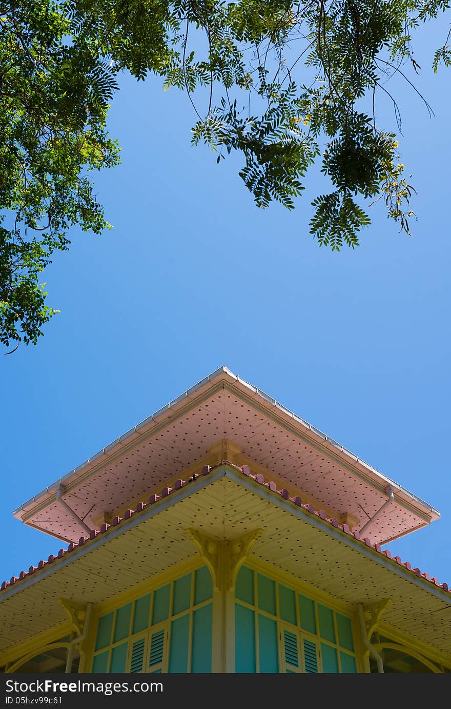 House wooden lath roof with clear blue sky