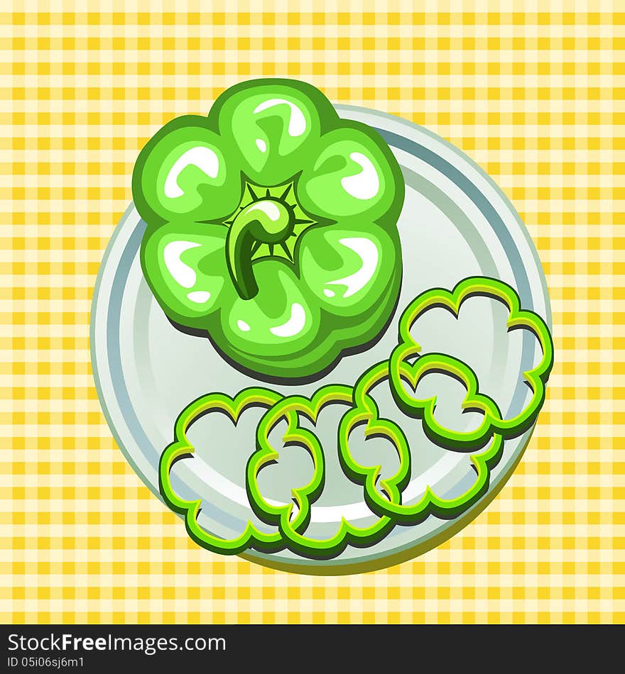 Vector illustration of green sweet pepper on a plate with slices