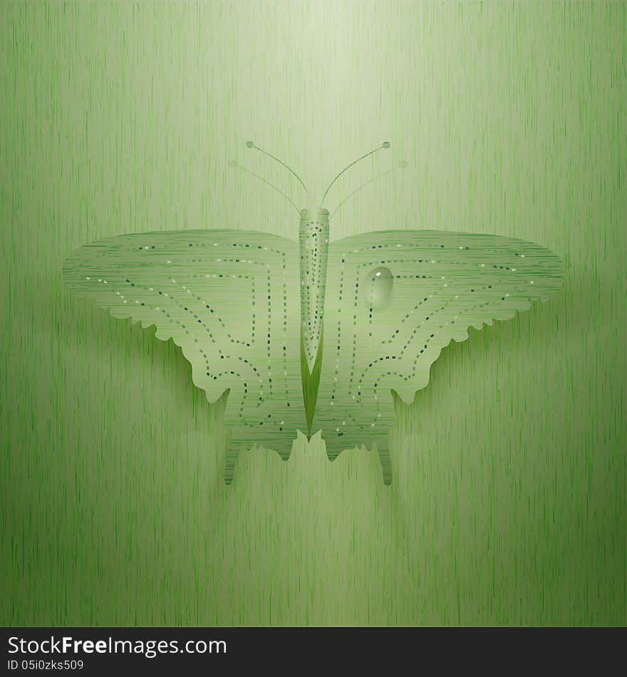 Large metal butterfly on a green background. Vector illustration