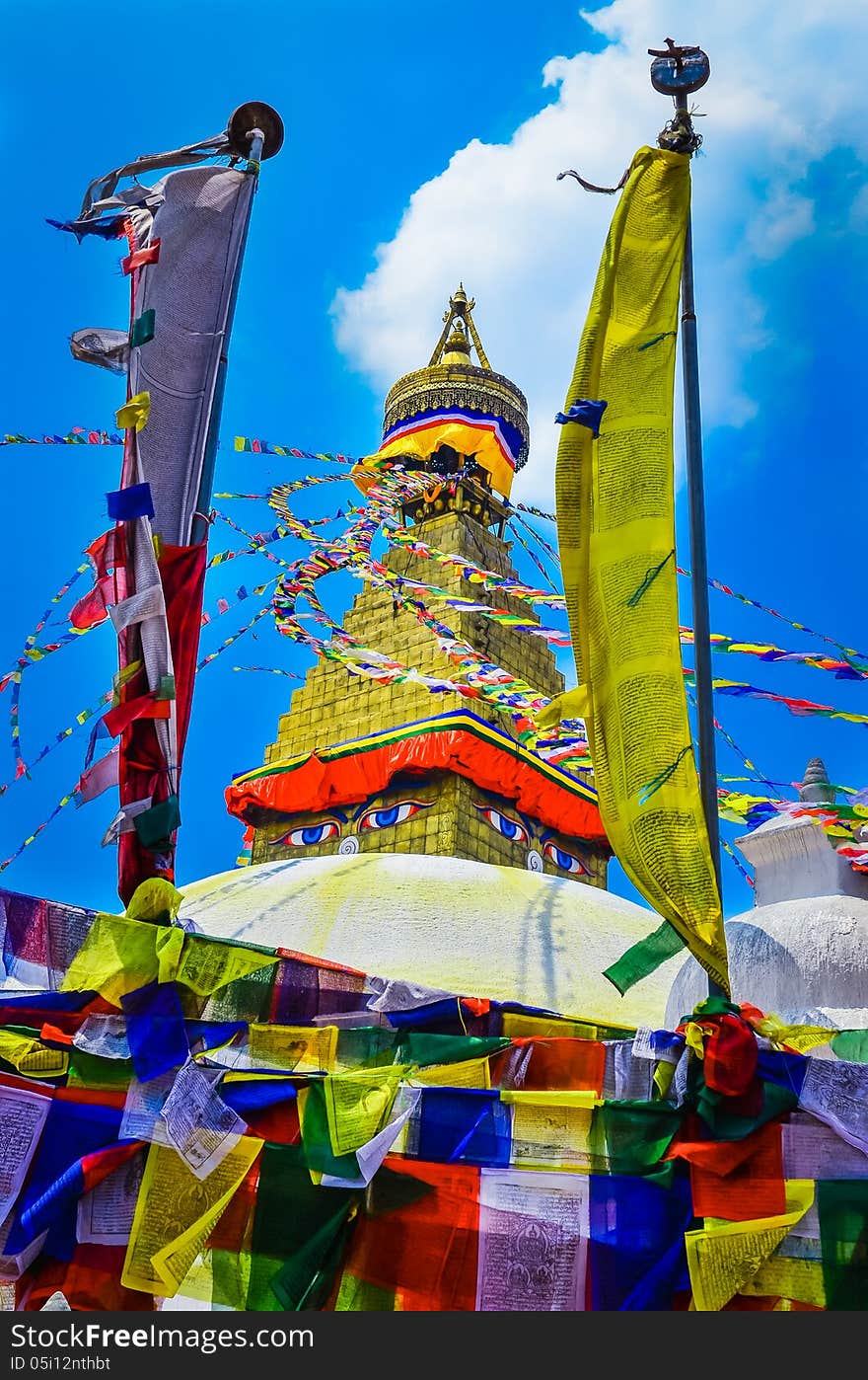 Bouddhanath stupa with buddhist flags foreground, Kathmandu, Nepal. Bouddhanath stupa with buddhist flags foreground, Kathmandu, Nepal