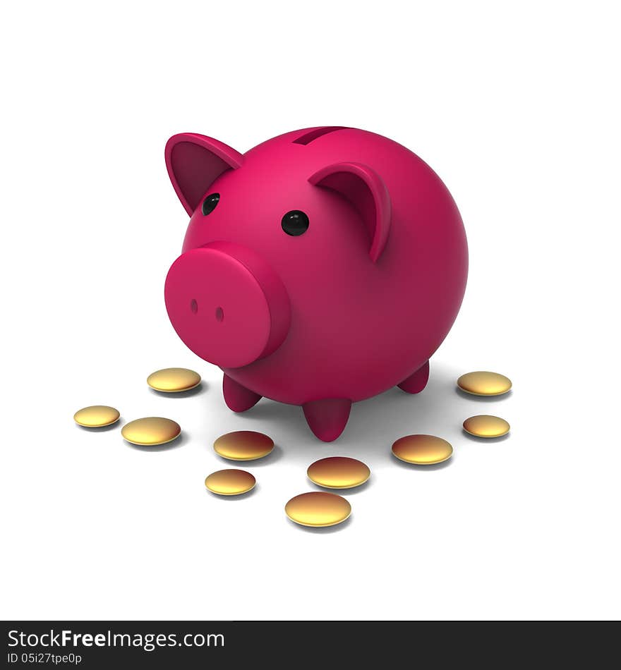 3D model of cute and pretty piggy bank and golden coins on white background