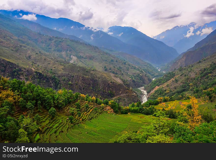 Tropical landscape mountain valley, Annapurna area, Nepal