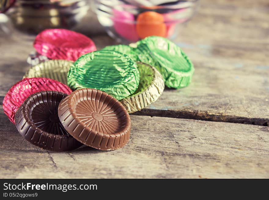 Chocolate bars on old wooden table. Chocolate bars on old wooden table