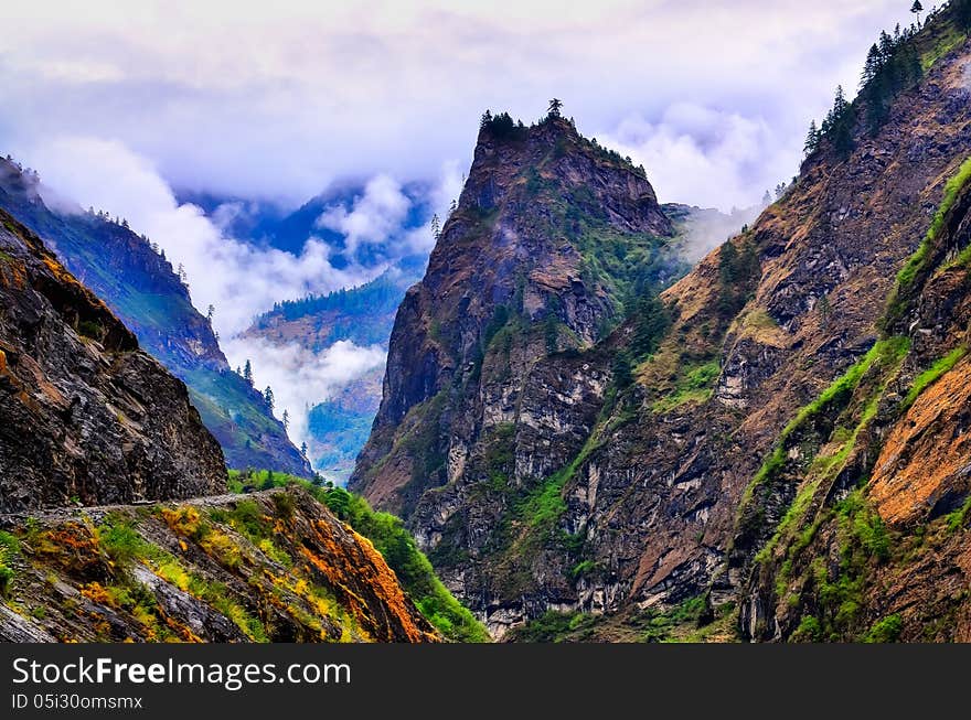 Wild mountain valley during misty day