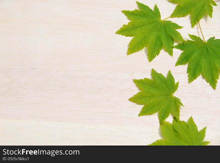 Japanese maple leaves on wooden board