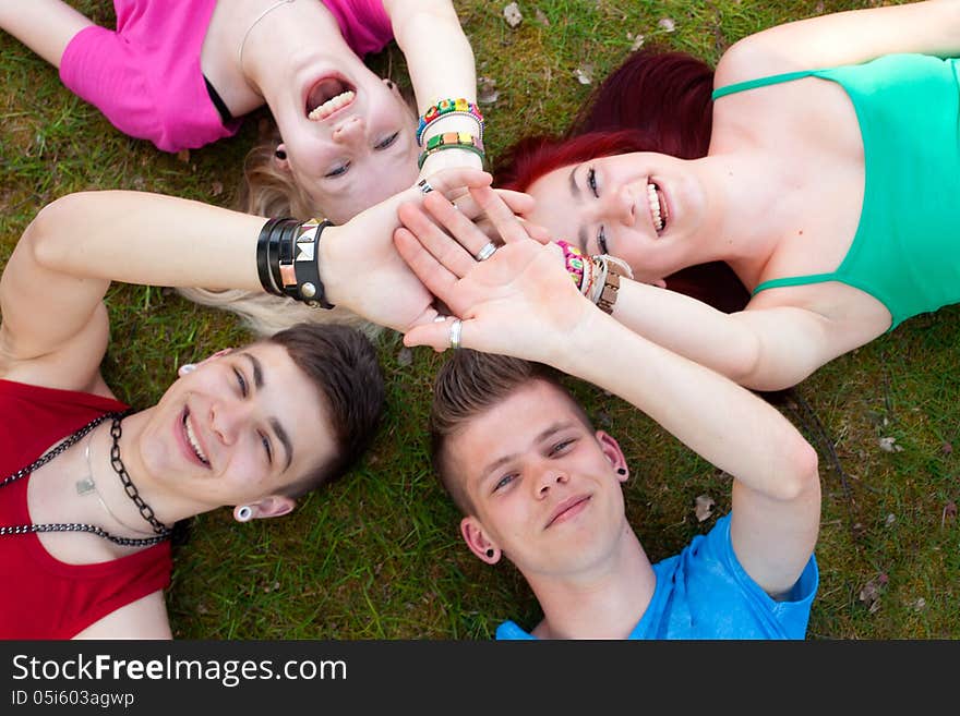 Four teenagers are having fun in the grass. Four teenagers are having fun in the grass