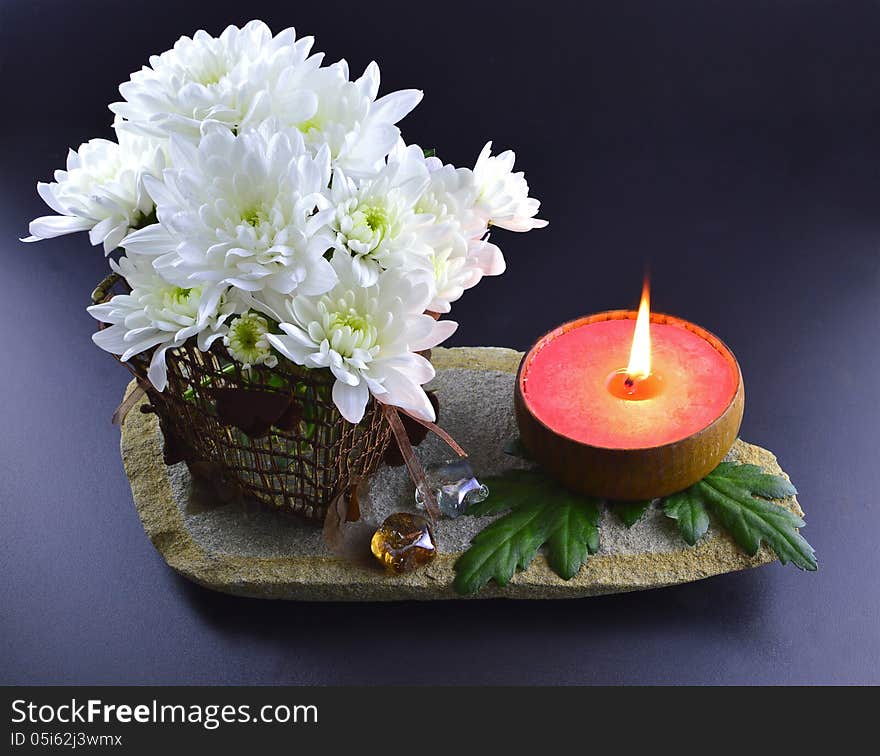 Still life of pink candle and white flowers on black background. Still life of pink candle and white flowers on black background