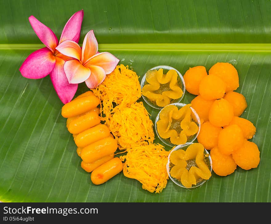 Thai dessert ,thai sweets on the leaf.