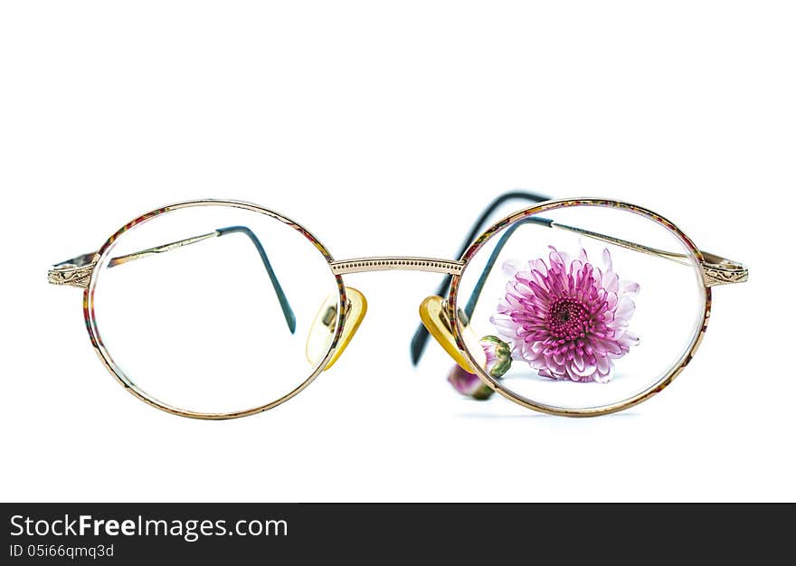 Glasses and flower on white background.