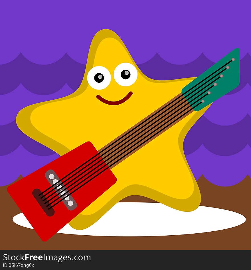 A funny illustration of a starfish on stage with an electric guitar. A funny illustration of a starfish on stage with an electric guitar