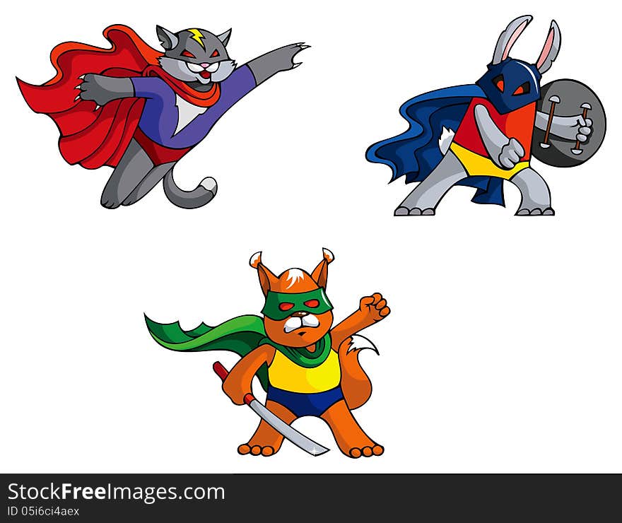 Funny animals superheroes – cat, rabbit and squirrel, mock vector illustration