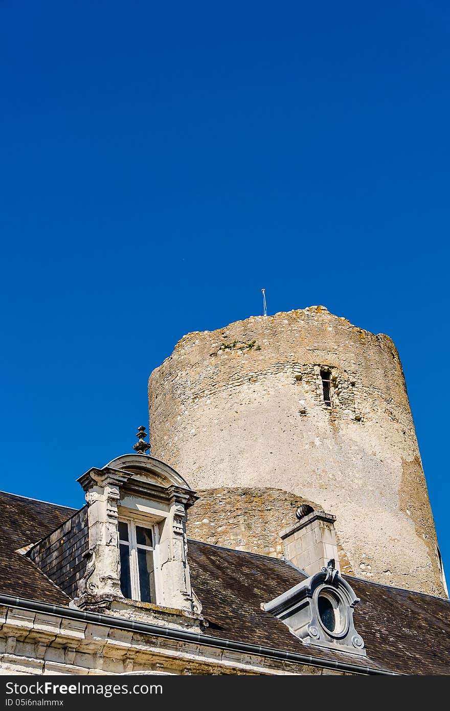 Mansard roof and tower of the medieval castle in Chatillon-sur-Indre, France.