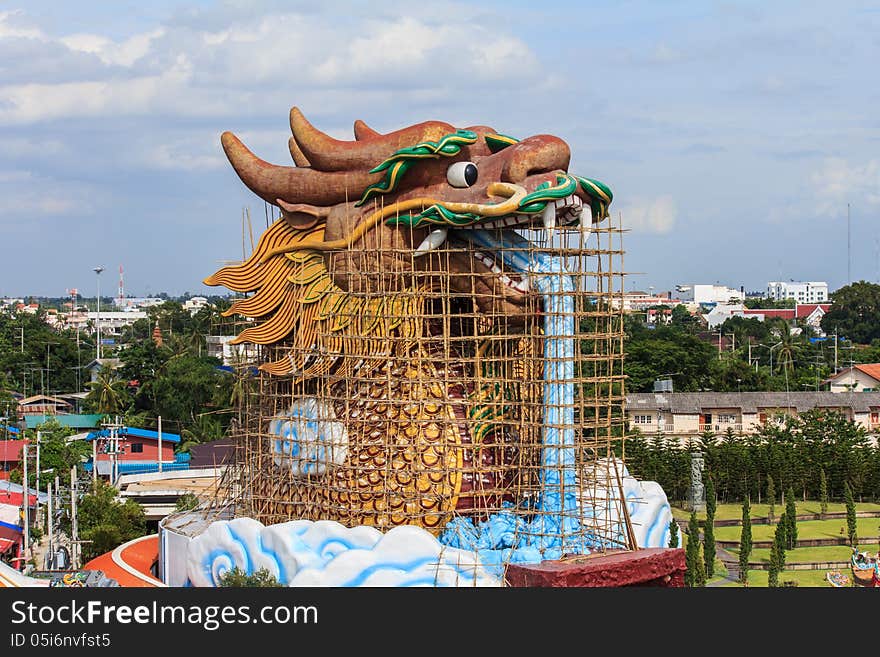 Repair of Giant golden Chinese dragon at Suphanburi,Thailand.