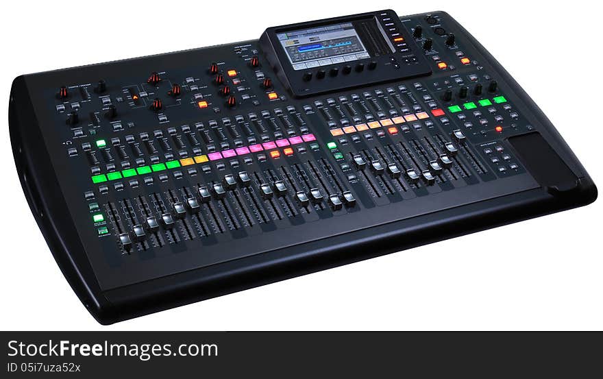 Black digital audio mixer on a white background