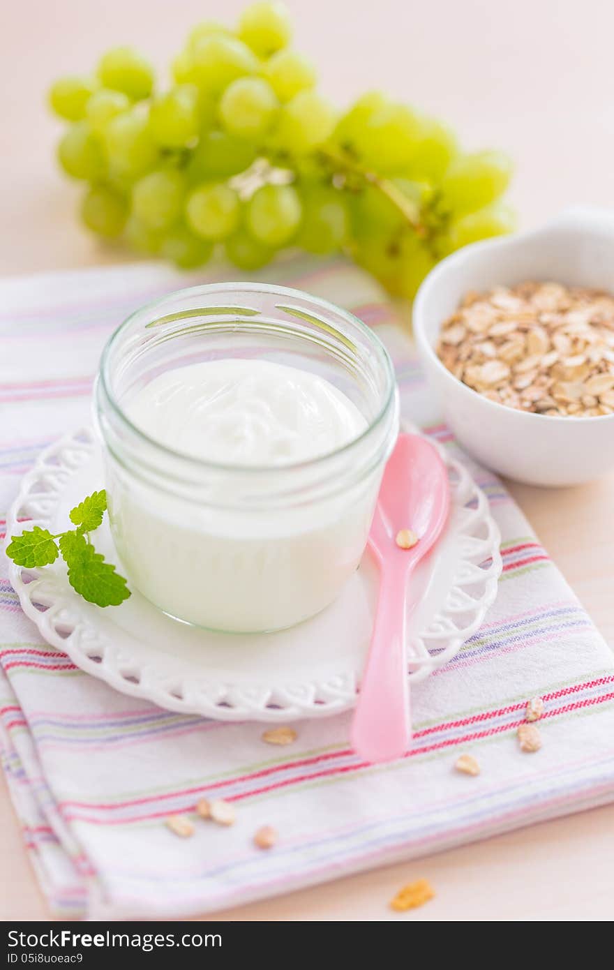 Healthy Breakfast With Yogurt And Muesli And Grapes