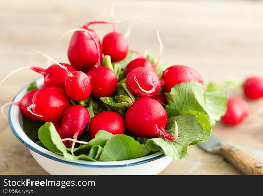 Bunch of fresh radishes in a bowl