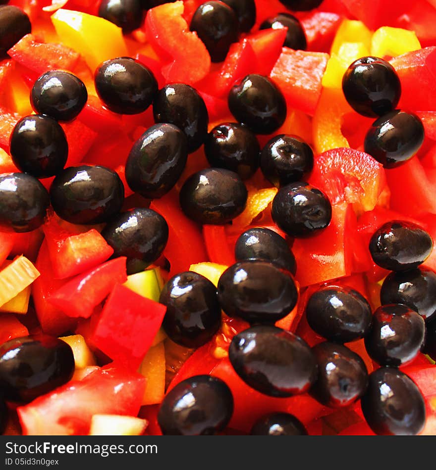 Salad with tomatoes, peppers and olives. Salad with tomatoes, peppers and olives