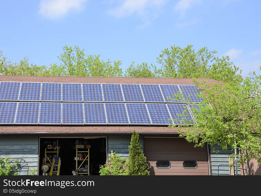 Solar panels installed on rural outbuilding. Solar panels installed on rural outbuilding