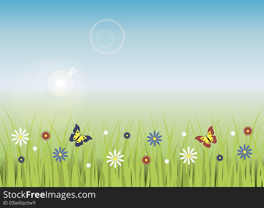 Meadow with grass, flowers and butterflies. Floral background. Vector illustration. Meadow with grass, flowers and butterflies. Floral background. Vector illustration.