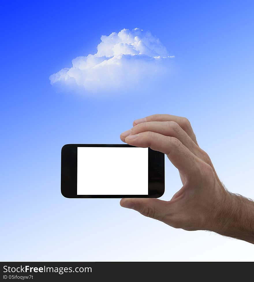 Blank screen smartphone in male hand, and cloud on sky background