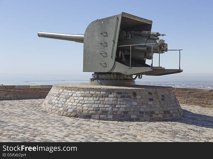 Naval gun in the Montjuic castle. Barcelona, Spain. Naval gun in the Montjuic castle. Barcelona, Spain