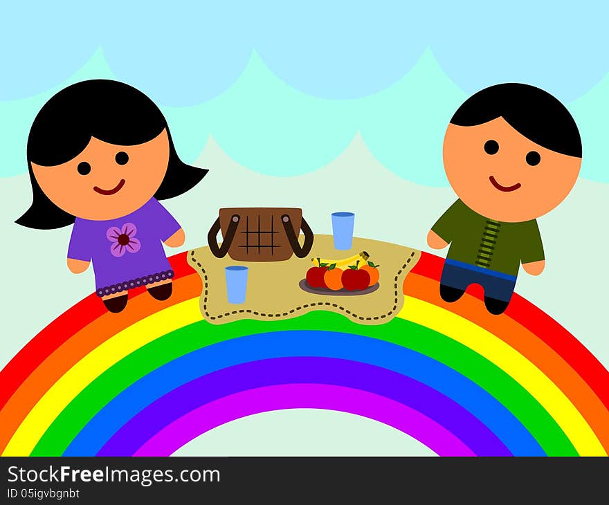 A cute cartoon illustration of a man and woman having a picnic on the rainbow. A cute cartoon illustration of a man and woman having a picnic on the rainbow