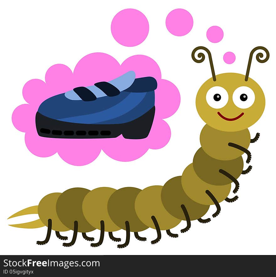 Illustration of a millipede imagining a shoe. Illustration of a millipede imagining a shoe