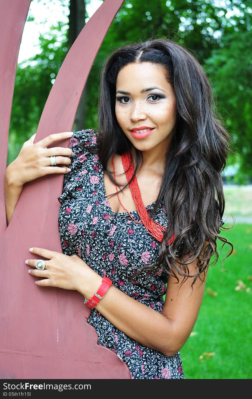 Outdoor portrait of an attractive young woman with long black hair . Outdoor portrait of an attractive young woman with long black hair .