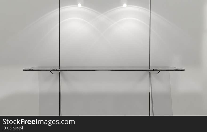 Glass shelf mounted on plastic wall panels. Glass shelf mounted on plastic wall panels