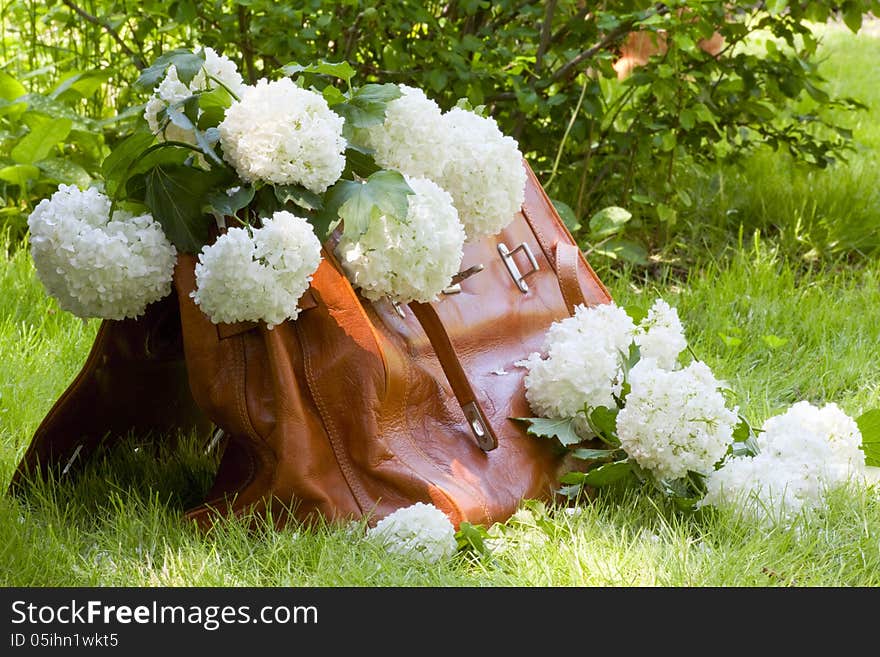 Leather carpetbag full of white flowers on a background of green grass