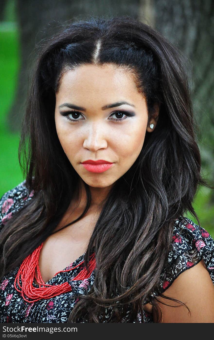 Outdoor portrait of an attractive young woman with long black hair . Outdoor portrait of an attractive young woman with long black hair .