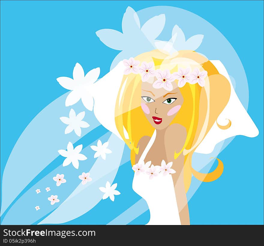 Vector graphic image with bride in veil with white flowers on blue background