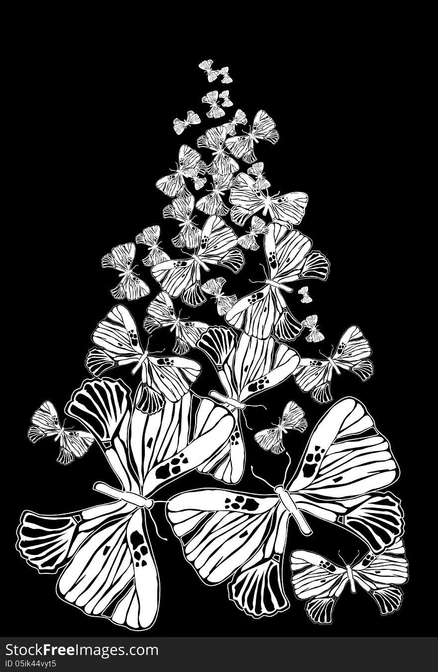 Vector graphic image with flying butterflies on black background. Vector graphic image with flying butterflies on black background