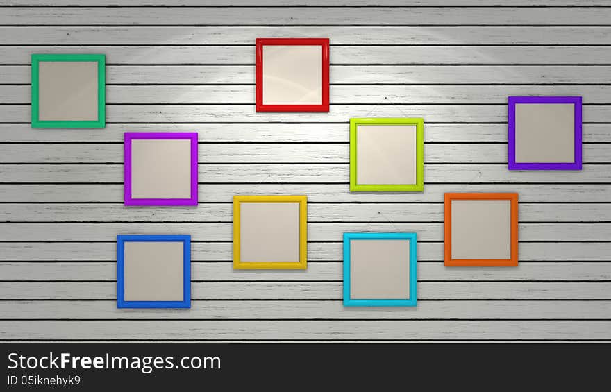 Many small blank picture frames hanging on wooden wall. Many small blank picture frames hanging on wooden wall