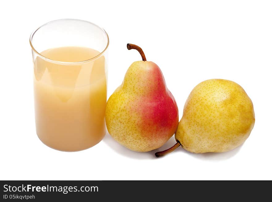 Glass of pear's juice with fresh pears isolated on white. Glass of pear's juice with fresh pears isolated on white