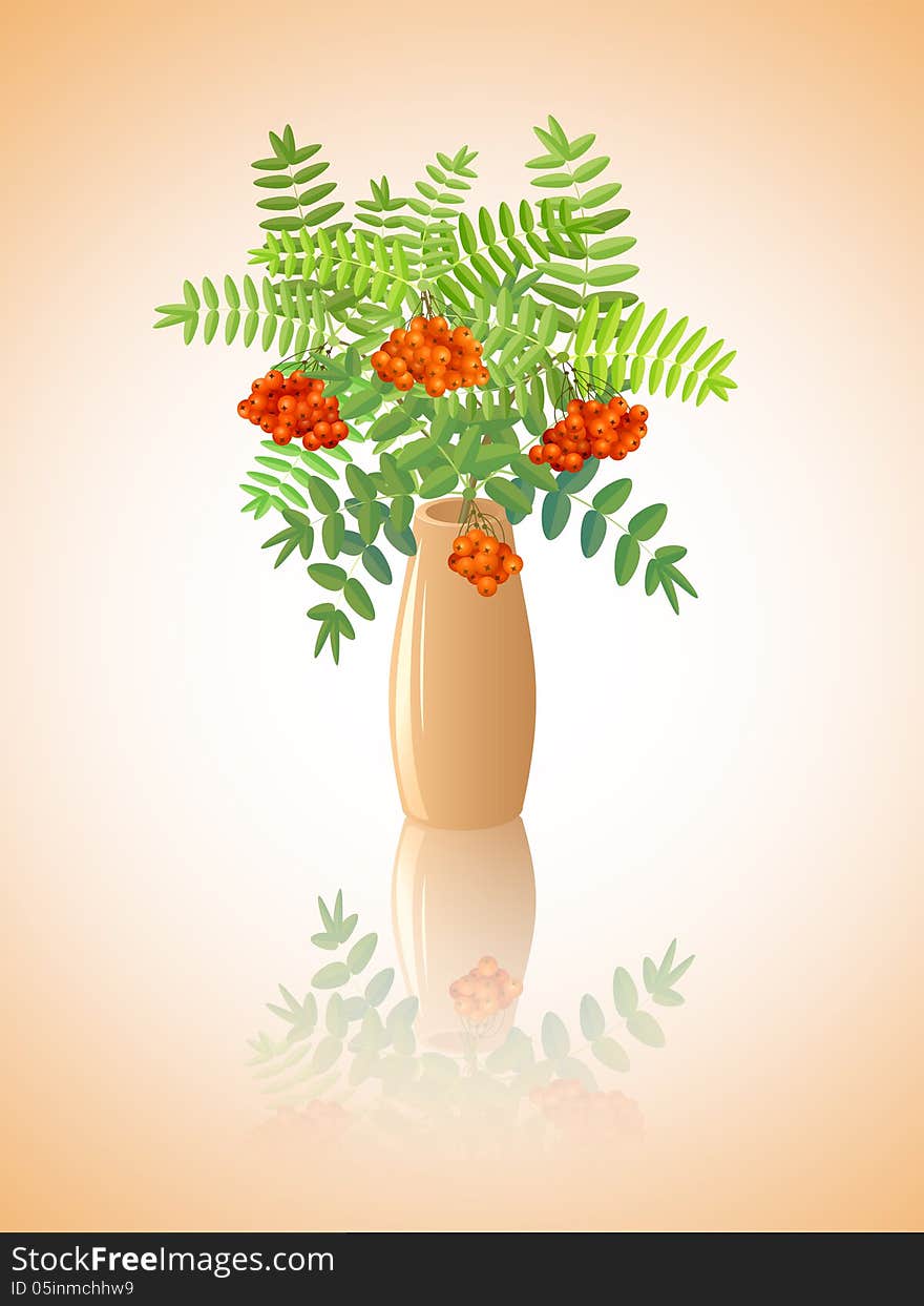 Ceramic vase with branches of rowan and with mirror reflection. EPS10, used transparency.