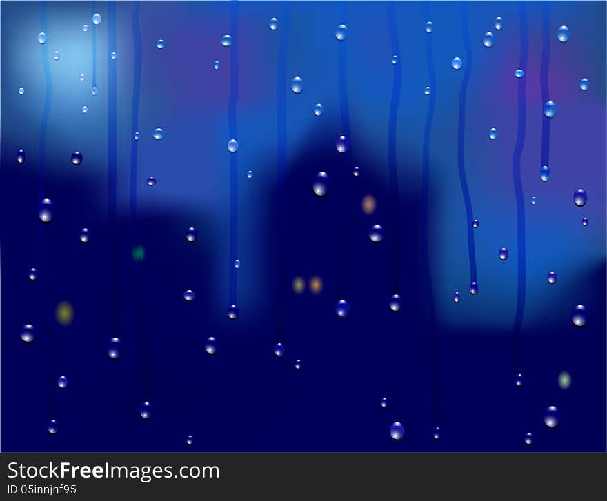 Glass with raindrops on a background of night city. EPS10, used mesh and transparency. Glass with raindrops on a background of night city. EPS10, used mesh and transparency.