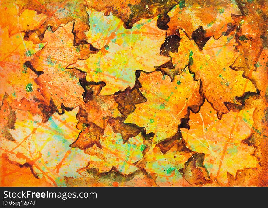 Maple leaf painting painting with watercolor and acrylic colors on paper.