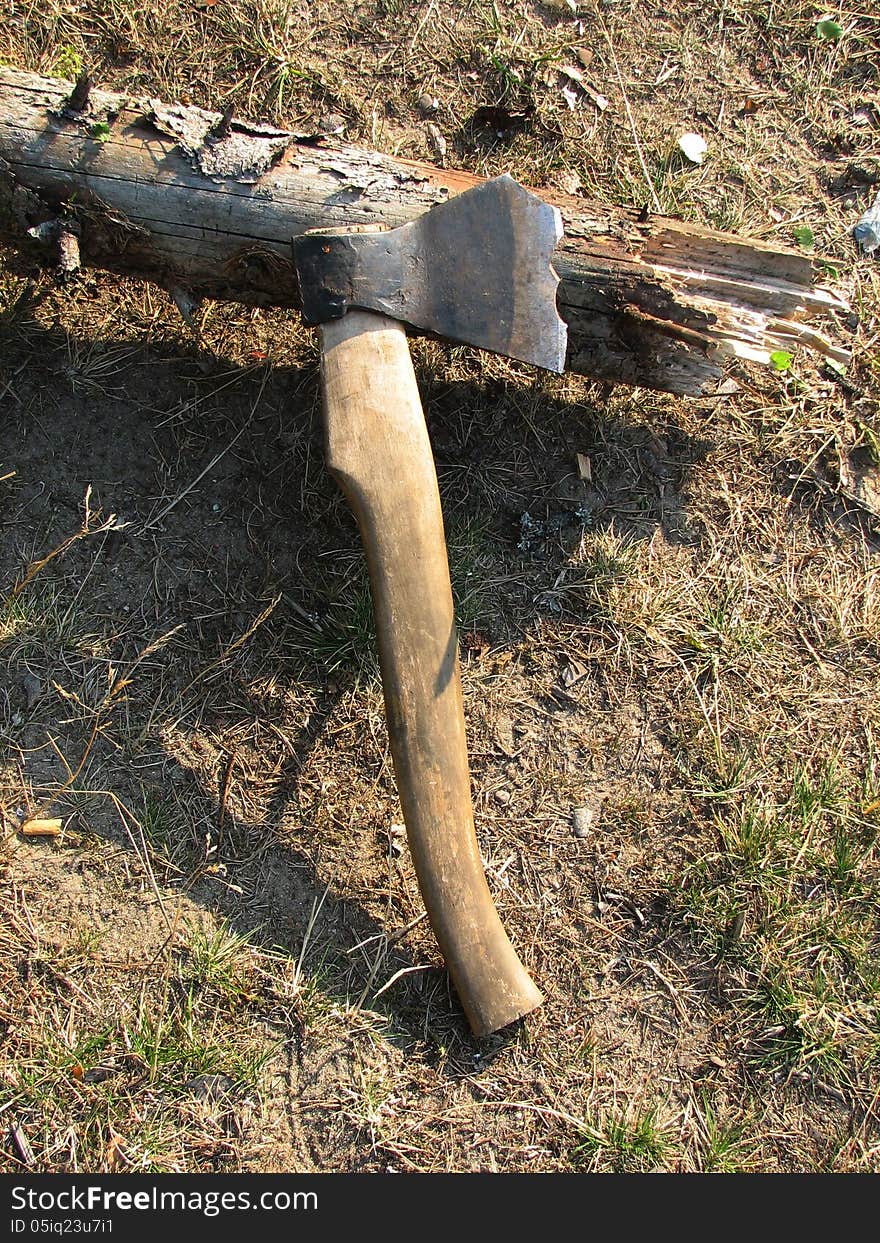 Axe with jagged edges lies on the felled by a log