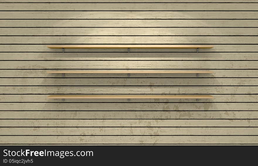 Wooden shelves on old painted wooden wall. Wooden shelves on old painted wooden wall